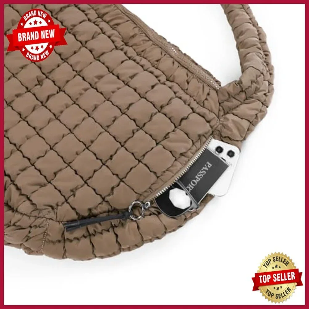 Large Quilted Tote Bag with Crossbody Strap, Lightweight Polyester Hobo